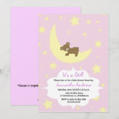 Teddy Bear and Moon Baby shower Invitation - Girl (Devant / Derrière)