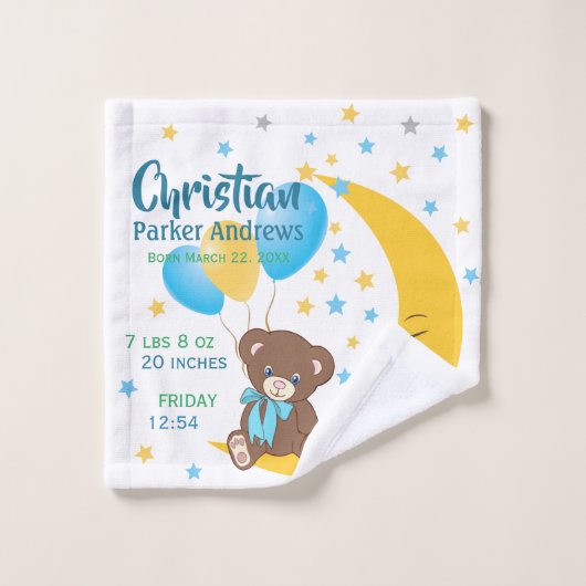 Teddy Bear assis sur la Lune Baby Birth Statistiqu (Gant de toilette)