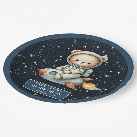 Teddy Bear Astronaut Baby Boy Verjaardag Custom Papieren Bordje (Gekanteld)