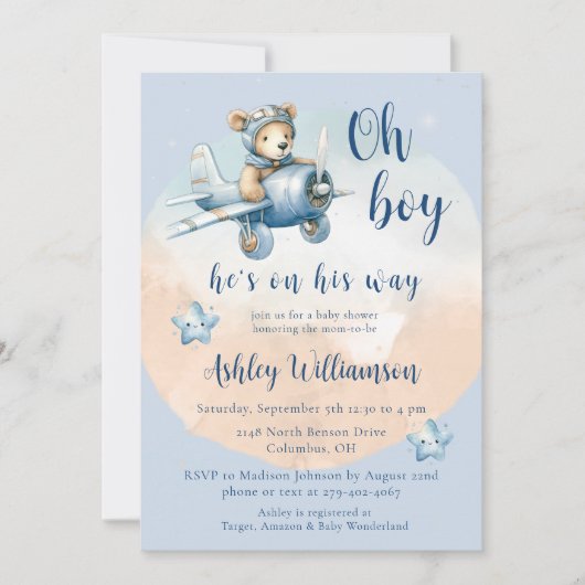 Teddy Bear Aviator Oh Boy Baby shower Invitation (Devant)