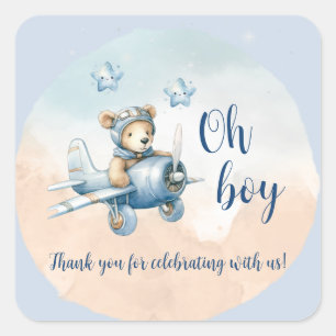 Teddy Bear Aviator Oh Boy Baby shower Vierkante Sticker