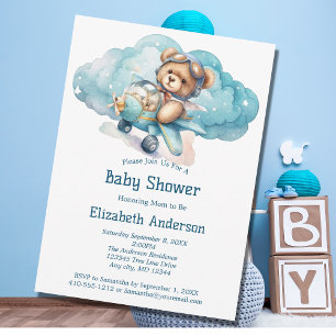 Teddy Bear Avion Boy Baby shower Invitation