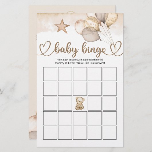 Teddy Bear Baby Baby shower Bingo Game (Voorkant / Achterkant)