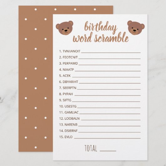 Teddy Bear Baby Birthday Word Scrambe Game (Voorkant / Achterkant)