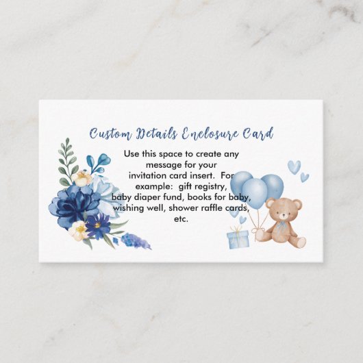 Teddy Bear Baby Blue Ballon Blank Informatiekaartje (Voorkant)