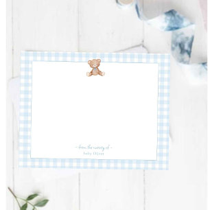 Teddy Bear Baby Boy blauw en wit Gingham Border Bedankkaart