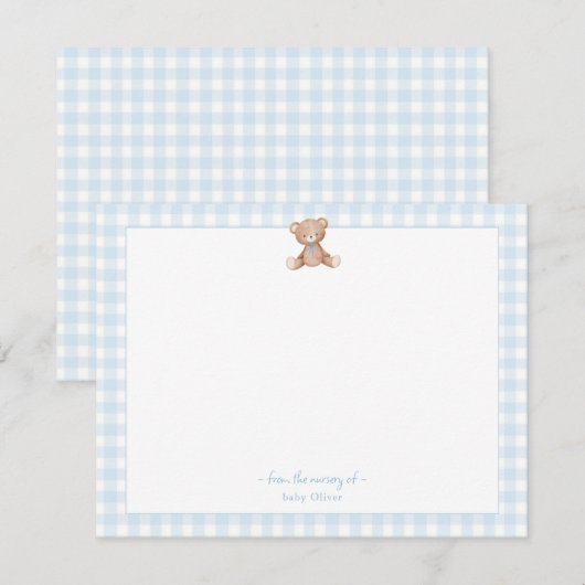 Teddy Bear Baby Boy blauw en wit Gingham Border Bedankkaart (Voorkant / Achterkant)