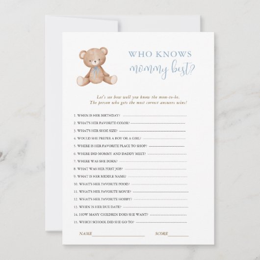 Teddy Bear Baby Boy Shower spel Kaart (Voorkant)