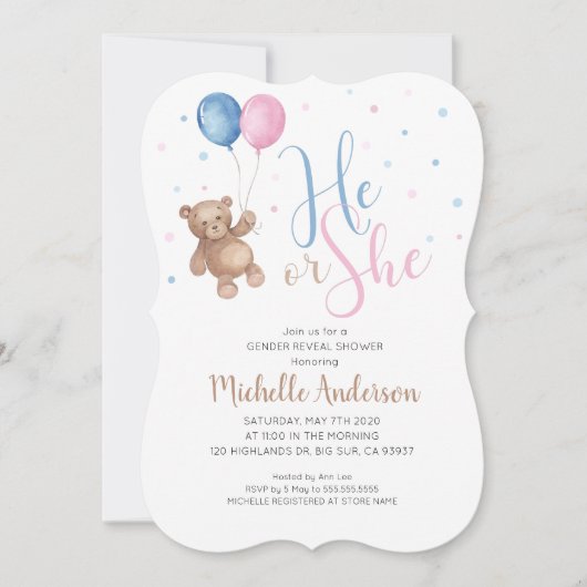 Teddy Bear Baby Genre Révéler Shower Invitation (Devant)