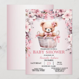 Teddy Bear Baby Girl Pink Flowers Baby shower Kaart