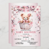 Teddy Bear Baby Girl Pink Flowers Baby shower Kaart (Voorkant / Achterkant)