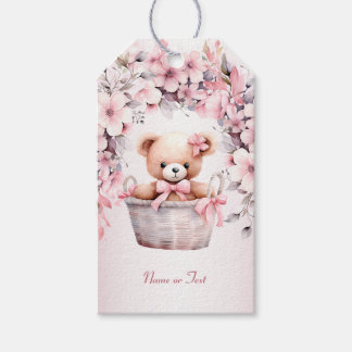 Teddy Bear Baby Meisje Roze Bloemen Party Elegant Cadeaulabel