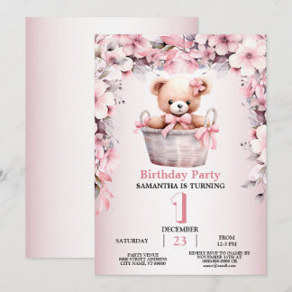 Teddy Bear Baby Meisje Roze Bloemen Party Elegant Kaart