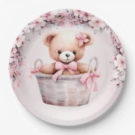 Teddy Bear Baby Meisje Roze Bloemen Party Elegant Papieren Bordje
