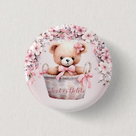 Teddy Bear Baby Meisje Roze Bloemen Party Elegant Ronde Button 3,2 Cm
