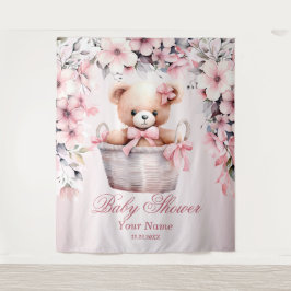 Teddy Bear Baby Meisje Roze Bloemen Party Elegant Wandkleed