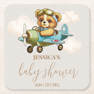 Teddy Bear Baby Pilot Vliegtuig Baby shower Vierkante Kartonnen Onderzetter