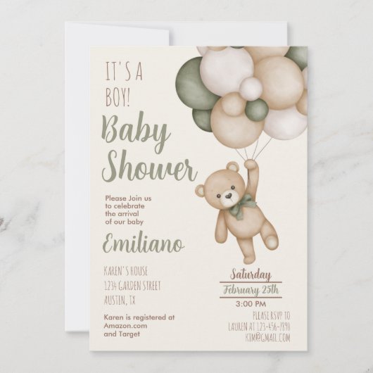 Teddy Bear Baby shower Boy Invitation (Devant)