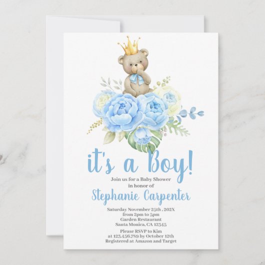 Teddy Bear Baby shower Boy Invitation (Devant)
