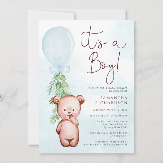 Teddy Bear Baby shower Boy Invitation (Devant)