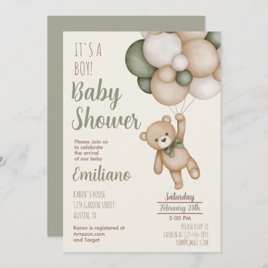 Teddy Bear Baby shower Boy Uitnodiging (Voorkant / Achterkant)