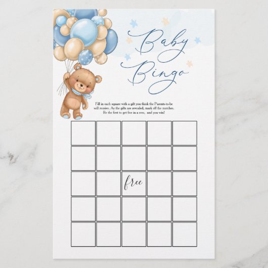 Teddy Bear Baby shower Game - Bingo (Voorkant)