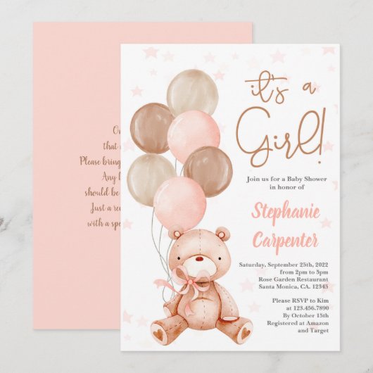 Teddy Bear Baby shower girl Invitation (Devant / Derrière)