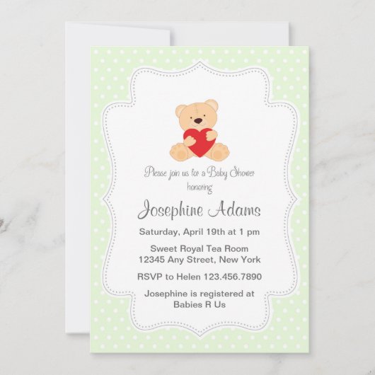 Teddy Bear Baby shower Invitation Mint Green (Devant)