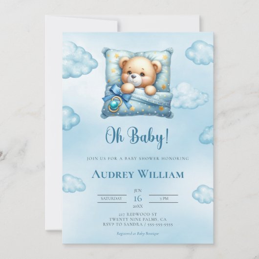 Teddy Bear Baby shower Invitation Oh Baby Coussin (Devant)