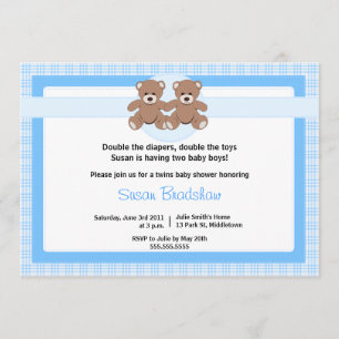 Teddy Bear Baby shower Invitation - Twin Boys Kaart