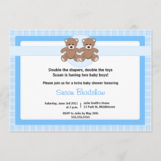 Teddy Bear Baby shower Invitation - Twin Boys Kaart