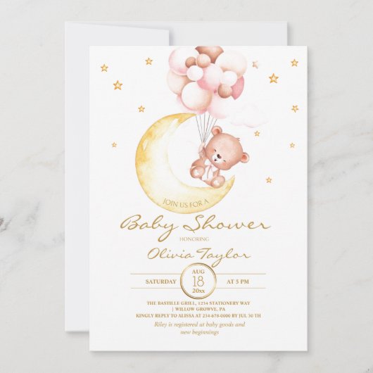 Teddy Bear Baby shower Moon en Stars Girly Kaart (Voorkant)