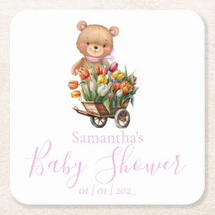 Teddy Bear Baby shower roze roze roze floraal Vierkante Kartonnen Onderzetter