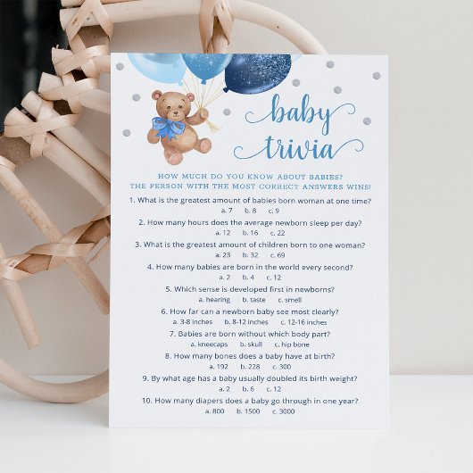 Teddy Bear Baby Trivia Baby shower Carte de jeu