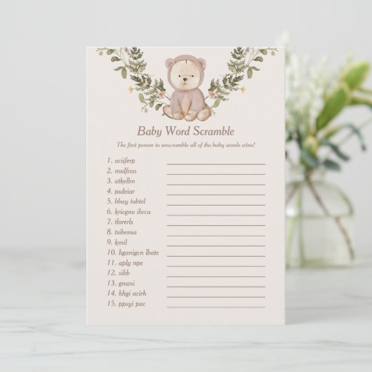 Teddy Bear Baby Word Scramble Game Sjabloon Kaart (Staand voorkant)