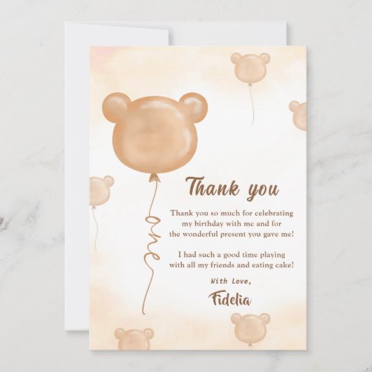 Teddy Bear Ballon Verjaardag Dank u Kaart (Voorkant)