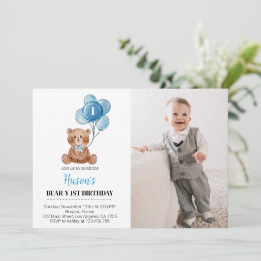 Teddy Bear Ballon Verjaardag Uitnodiging Blue Bear (Staand voorkant)