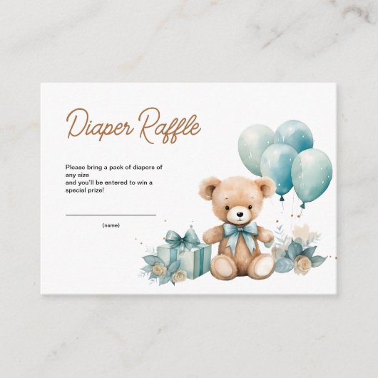 Teddy Bear Balloon Baby shower Diaper Raffle Informatiekaartje (Voorkant)