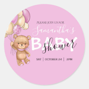 Teddy Bear Balloon Baby Shower Invitaties Classi Ronde Sticker