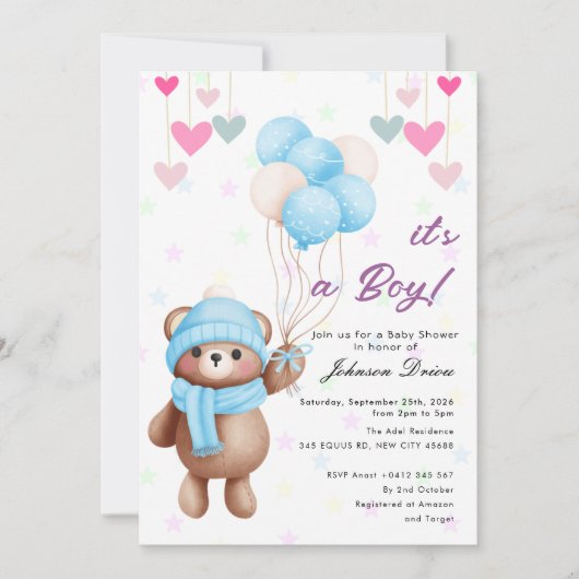teddy bear balloon baby shower invitation (Devant)
