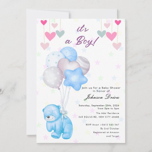 teddy bear balloon baby shower invitation (Devant)