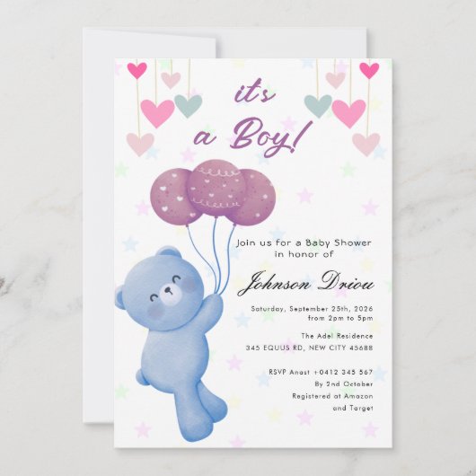 teddy bear balloon baby shower invitation (Devant)