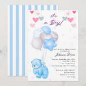 teddy bear balloon baby shower invitation kaart (Voorkant / Achterkant)