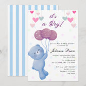 teddy bear balloon baby shower invitation kaart (Voorkant / Achterkant)