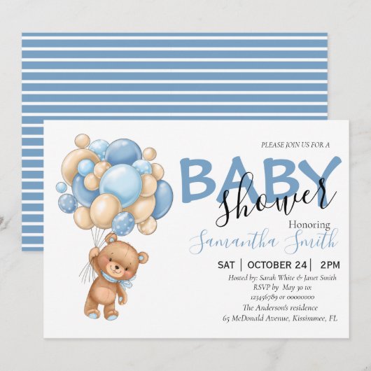 Teddy Bear Balloon Baby Shower Invitations (Devant / Derrière)