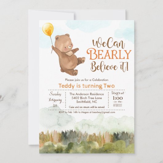 Teddy Bear Balloon Birthday Party Invitation Kaart (Voorkant)