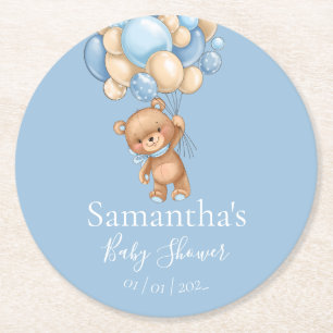 Teddy Bear Balloon Blue baby shower Ronde Kartonnen Onderzetter