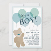 Teddy Bear Balloon Blue Boy Baby shower Kaart (Voorkant)