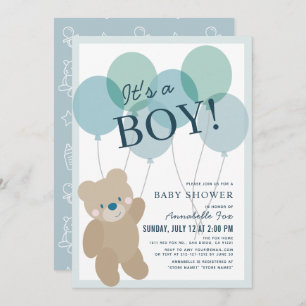 Teddy Bear Balloon Blue Boy Baby shower Kaart