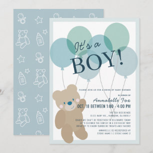 Teddy Bear Balloon Blue Boy Drive-by Baby shower Kaart